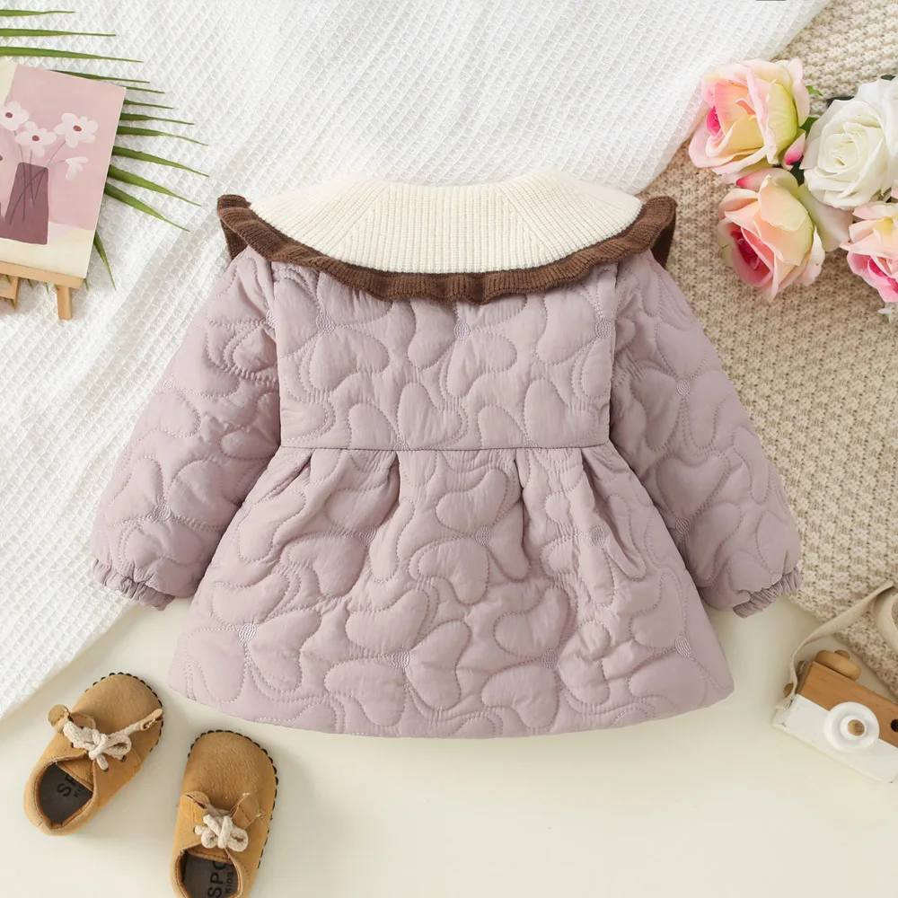 Winter 2/Piece Girls\' Cotton Jacket Bow Packaging Accessories Baby Girl Splicing Color Blocking, Big Collar Cute Cotton Jacket