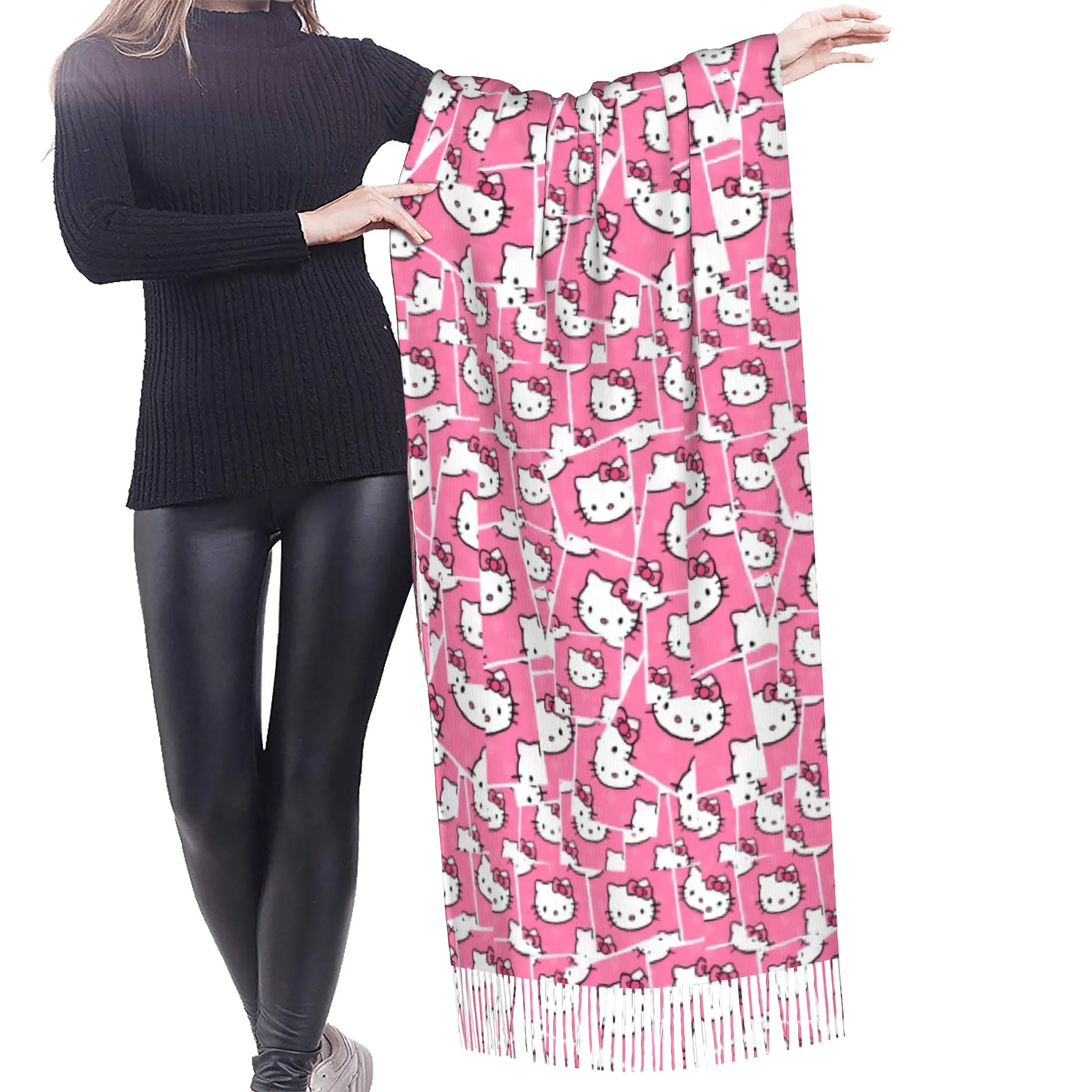 Custom Kitten Cat Cartoon Scarf Wrap for Women Long Winter Fall Warm Tassel Shawl Unisex Anime Scarves