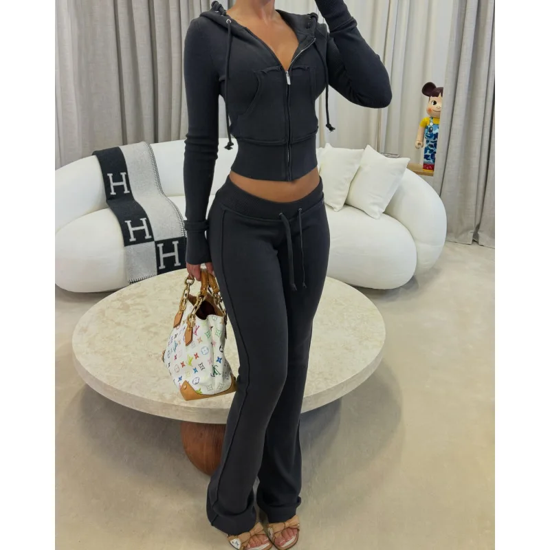 Conjunto de calças compridas europeu e americano primavera e outono sexy sexy slim fit com zíper de cordão com zíper de umbigo exposto