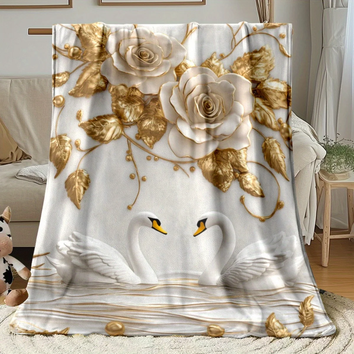 Golden Rose and Swan Flannel Throw Blanket, Elegant Soft Warm Blanket for Sofa Bed, All Season Home Decor Gift,