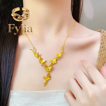 Fylia Jewelry Luksusowy naszyjnik damski z prawdziwego złota próby 24K 9999, trójwymiarowy motyl, lekki luksus, naszyjnik na obojczyk.