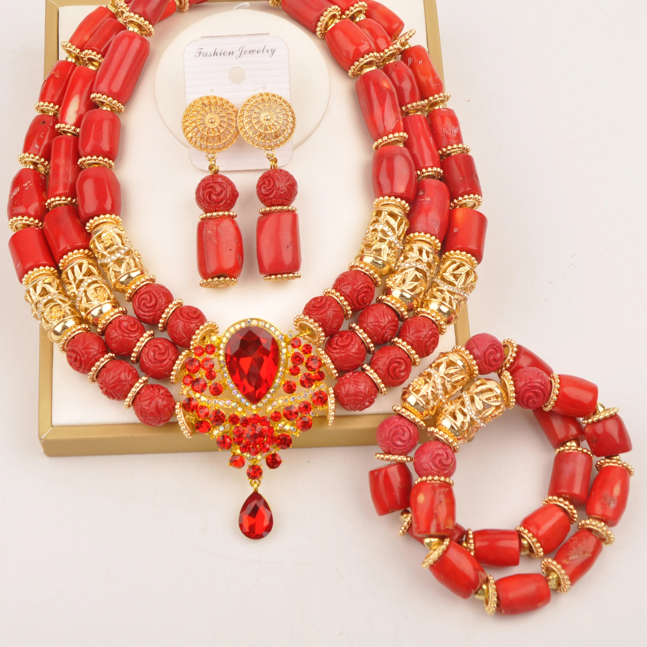 

Red Jewel Coral Natural Nigerian bride African jewel set necklace