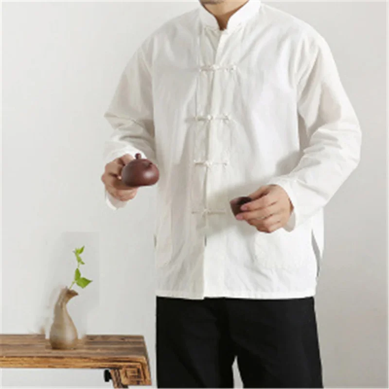 Chinese Style Jacket Mandarin Collar Tai Chi Uniform Hanfu Kung Fu Traditional Chinese Clothing for Men Retro Top Blouse Qipao B