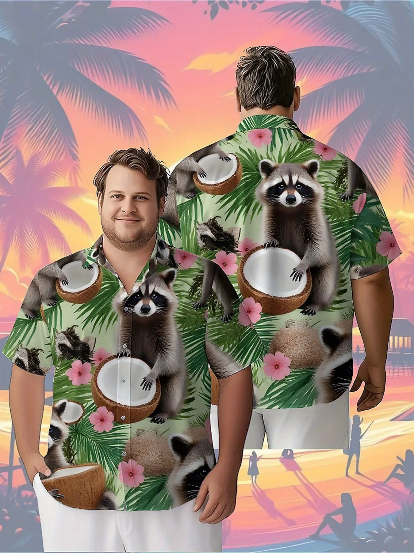 

Men's Plus Size Hawaiian Shirts Tropical Coconut Raccoon Pattern,Unisex Baggy Aloha Shirts,summer Alternative Clothing