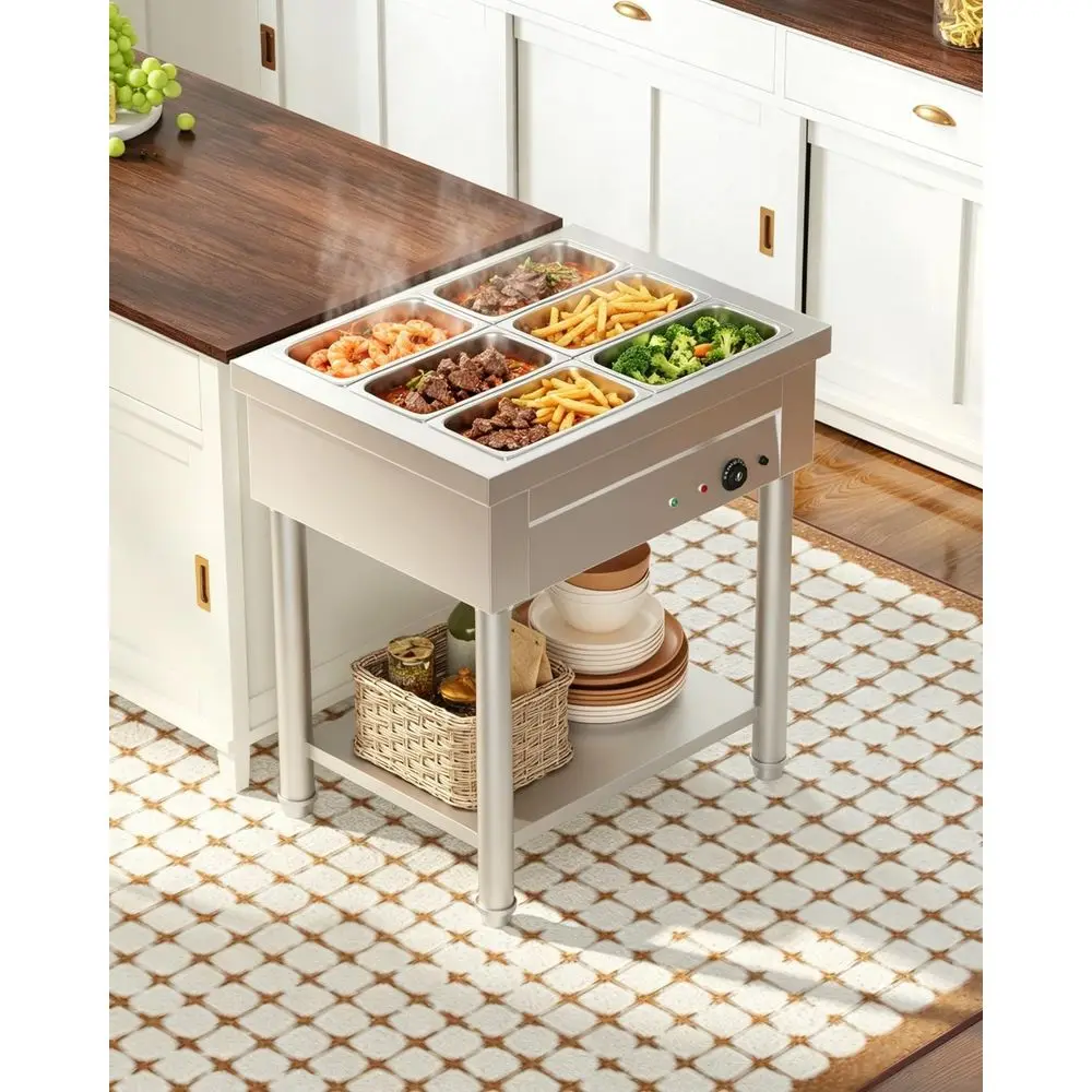 

1500W Stainless Steel Commercial Food Warmer with Undershelf, Ideal for Buffets, Catering, and Hospitality