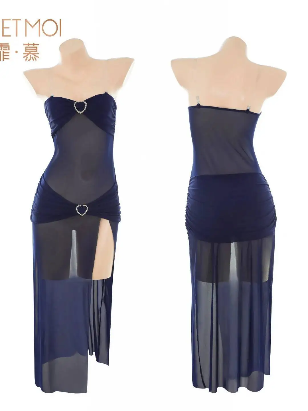 Stil trägerloses schulterfreies transparentes Kleid Flirten schiere sexy einfarbige transparente Mesh ärmelloses langes Kleid Pure Desire 5QB6