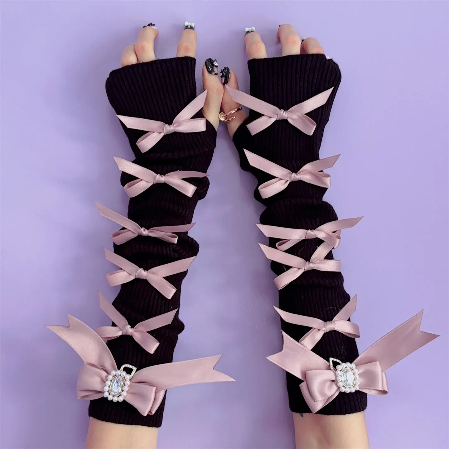 Japanese Subculture Y2K Women's Fingerless Gloves Female Kawaii Knitted Harajuku Arm Cover Sweet Lolita Bow Hand Sleeve Cover