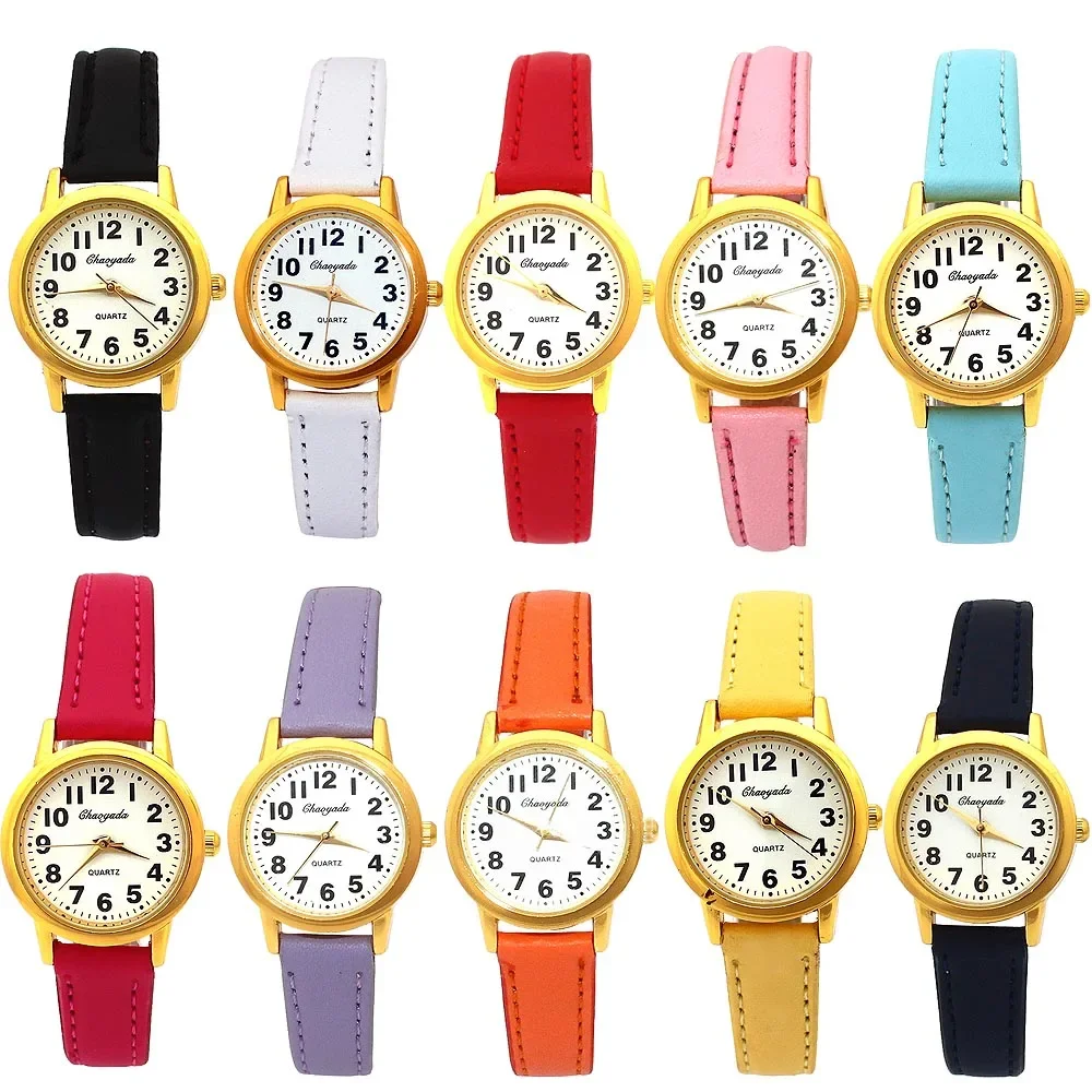 

10Pcs Boy Girl Watch Women Simple Number Dial Leather Quartz Student Kids Women Watches Children Wristwatch