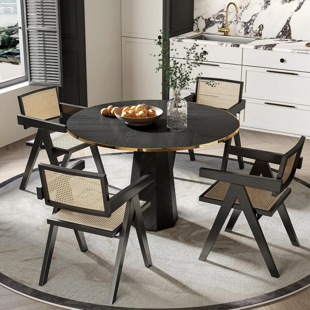 

Rattan Dining Chairs Set of 4, Mid Century Modern Dining Room Chairs Wicker Armchair Comfy Side Chair Black Wood Boho Kitchen Ca