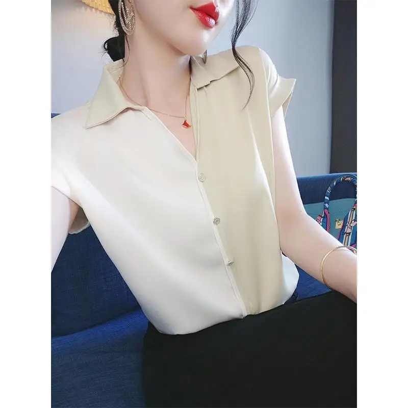 Minimalist Commute 2024 Summer Blouses Women\'s Patchwork V-neck Color-blocked Button Loose Fashion Short Sleeve Pullover Shirts