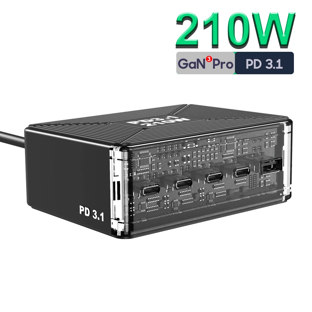 شاحن USB C 210 وات، GaN PD3.1 140 وات 100 وات PPS محطة شحن سريعة من النوع C محول طاقة للكمبيوتر المحمول MacBook Samsung S23 iPhone 15