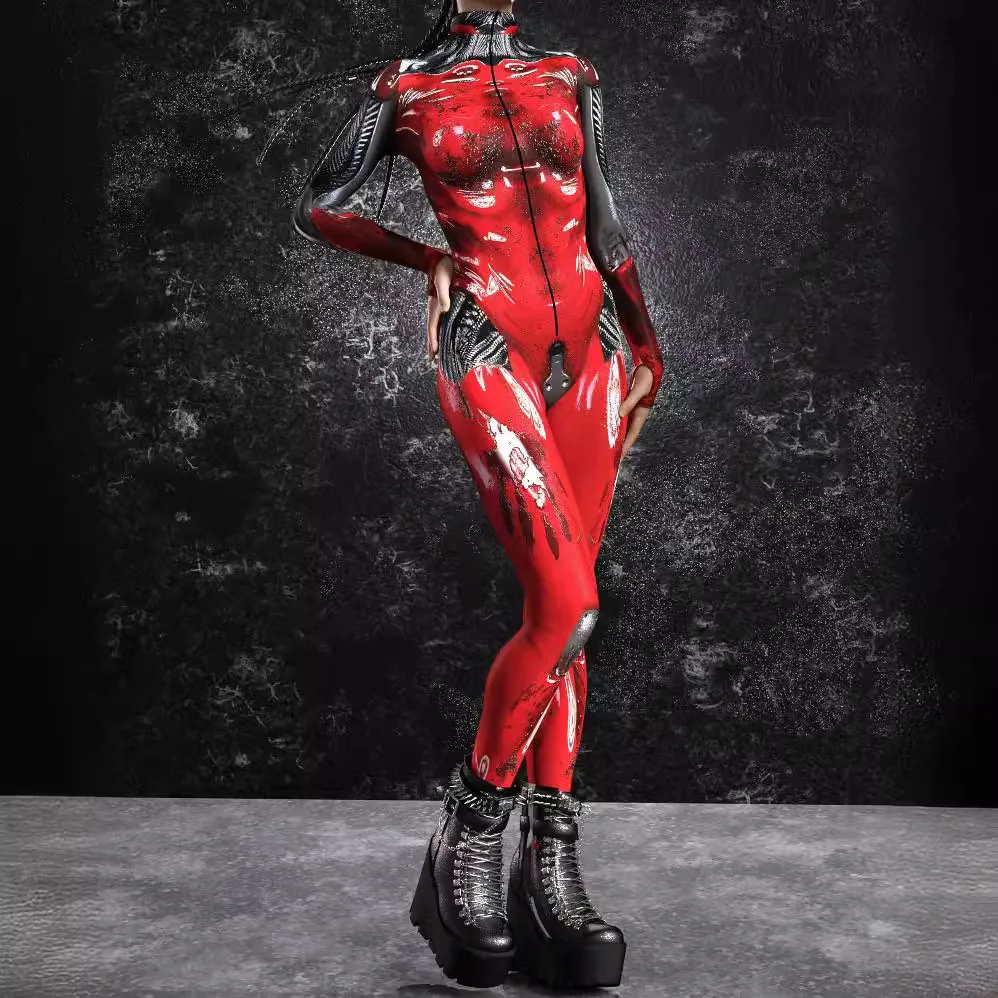 Women Cyber Punk Armor 3D Printing Jumpsuit Halloween Robot Cosplay Zentai Suit Adult Fancy Monos Bodysuit Rave Outfit Morphsuit