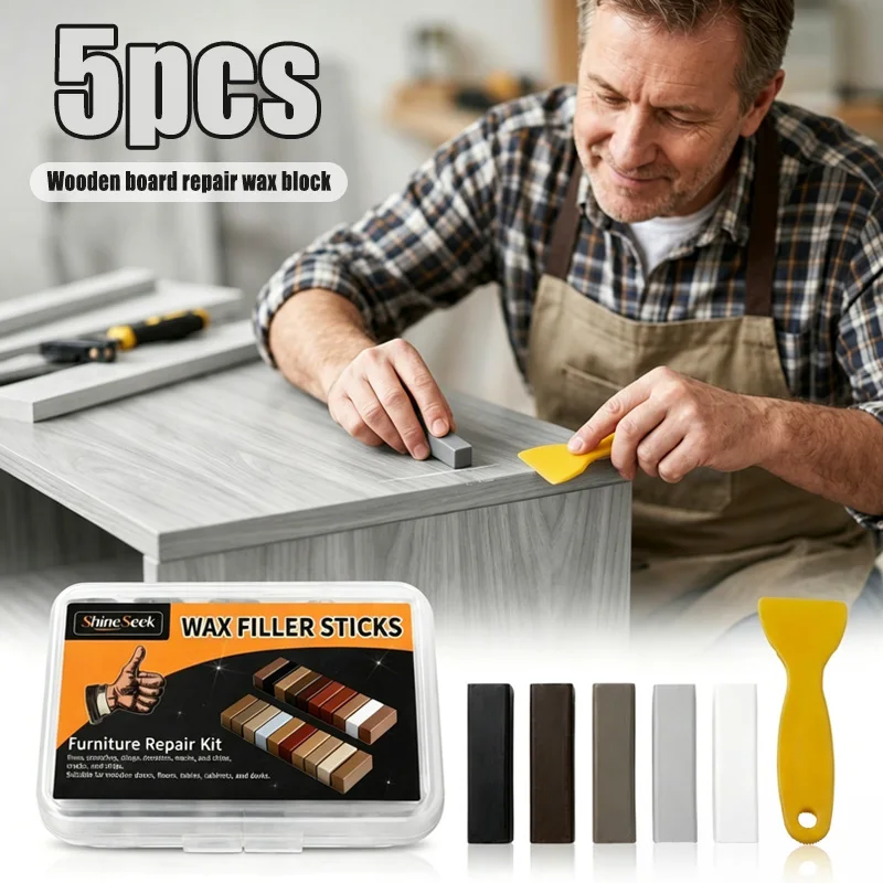 5Pcs Super Strong Wood Repair Wax Blocks + 1Pc Scraper Set—Light Gray and White Series Wood Floor Wax Block Kit, Suitable for Wooden Furniture and Floors, Furniture Repair Marker Pen, Linseed Oil Floor Repair Set with Scraper, Effectively Covers Scratches, Dents, Nail Holes, Cracks, and Stains Suitable for Wooden Doors, Floors, Tables, Cabinets, Desks. Indispensable Woodworking Tools, a Great Choice!