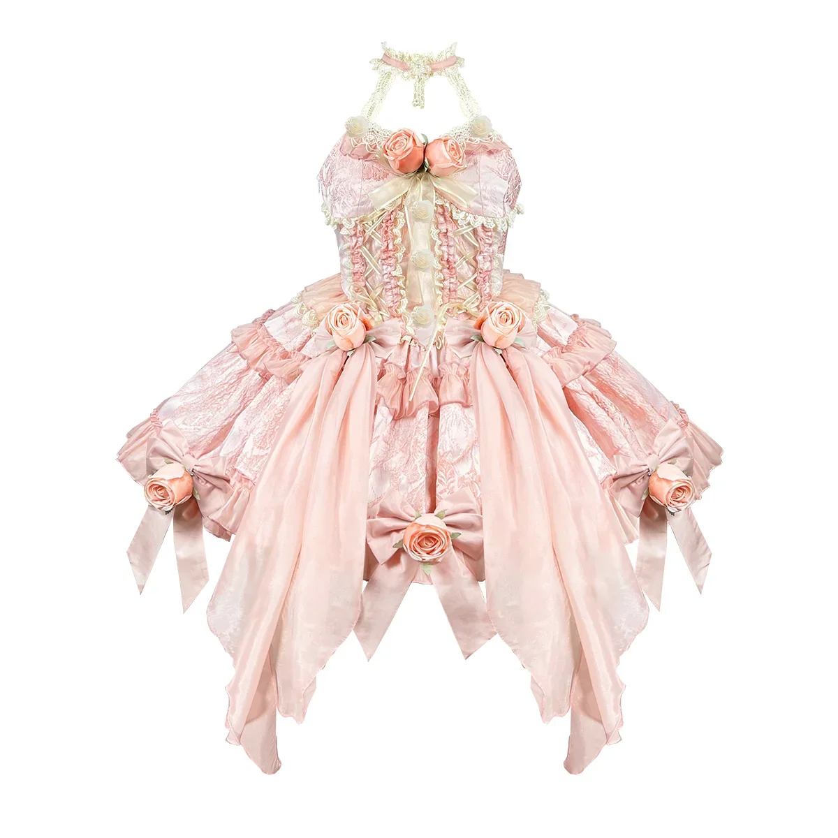 Original Design Lolita Sweet Girl Jacquard Rose Fishbone Dress Slim Women's Halter Pink Flower Ball Gown Party Dresses