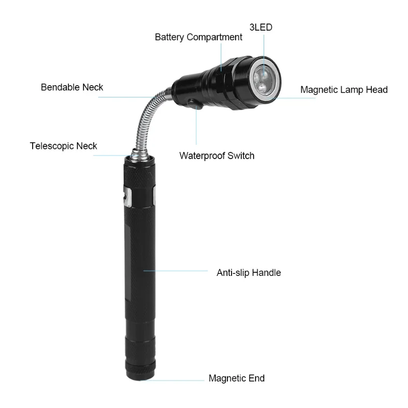 Multi Function Mini Flexible Telescopic LED Flashlight Rotatable Torch With Magnetic End(Black)