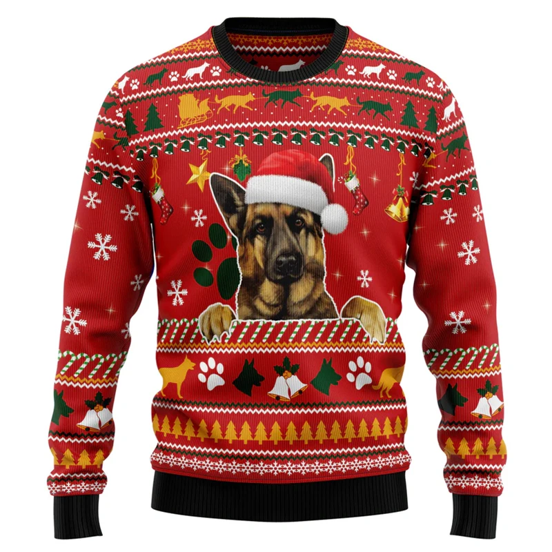 

2026 New German Shepherd Graphic Ugly Christmas Sweater For Men Fashion Retro 3D Printed Xmas Sweatshirts Casual Oversized Tops