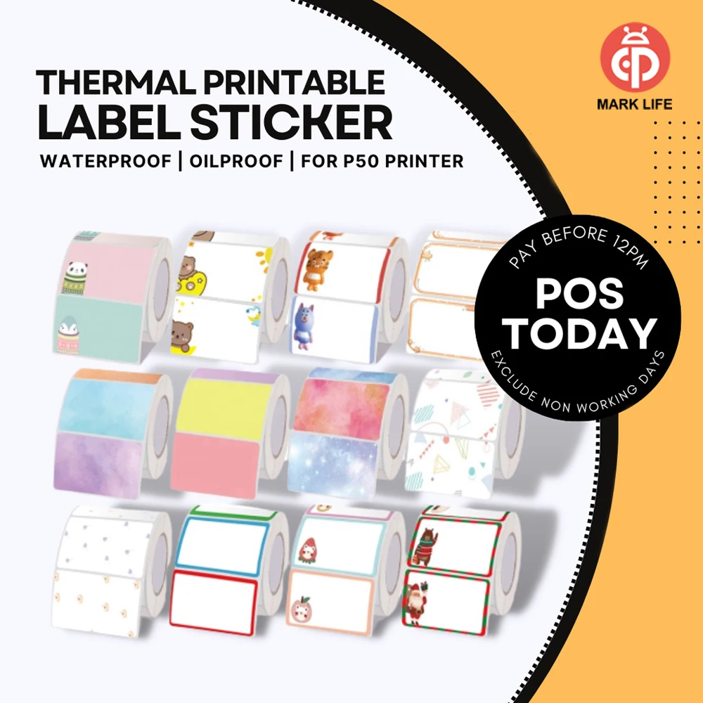 Marklife P50/S2/D100/D200 Thermal Printer Paper Colorful Qute Stickers Waterproof Tear-Resistant For Office Kitchen School