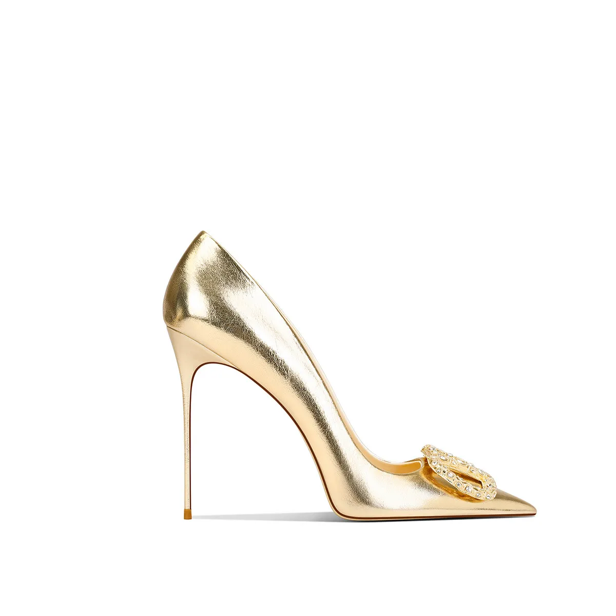 Women Light Gold Pumps with V Buckle Spring Autumn High Heeled Dress Shoes Fashion Sexy Thin Heels for Party Rhinestones Buckle