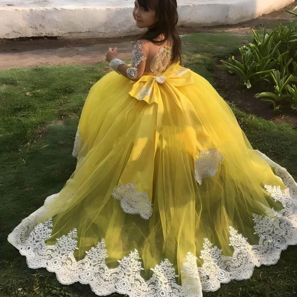 Prinzessin Blumen Mädchenkleid A-Linie Tüll Spitze Applikation Schleife Glänzend Kinder Elegant Festzug Erstkommunion Brautjungfer Ballkleid 2025