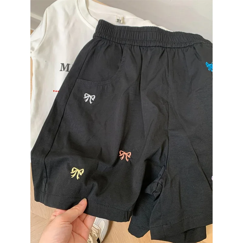 Summer High Quality Chic Bow Embroidery Cotton Shorts Women Loose Casual Elastic Waist Sports Pants