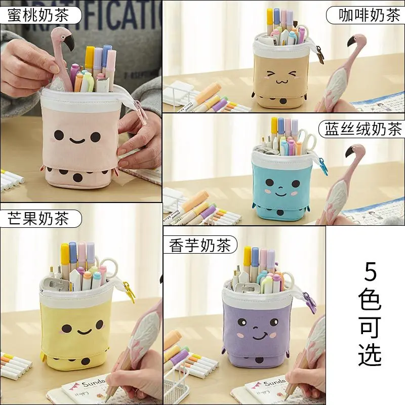 PU Canvas Pencil Case Kawaii Stationery Pen Bag Ruler Holder Pink Black Cat Face Colorful School Supplies Gift Organizer Storage