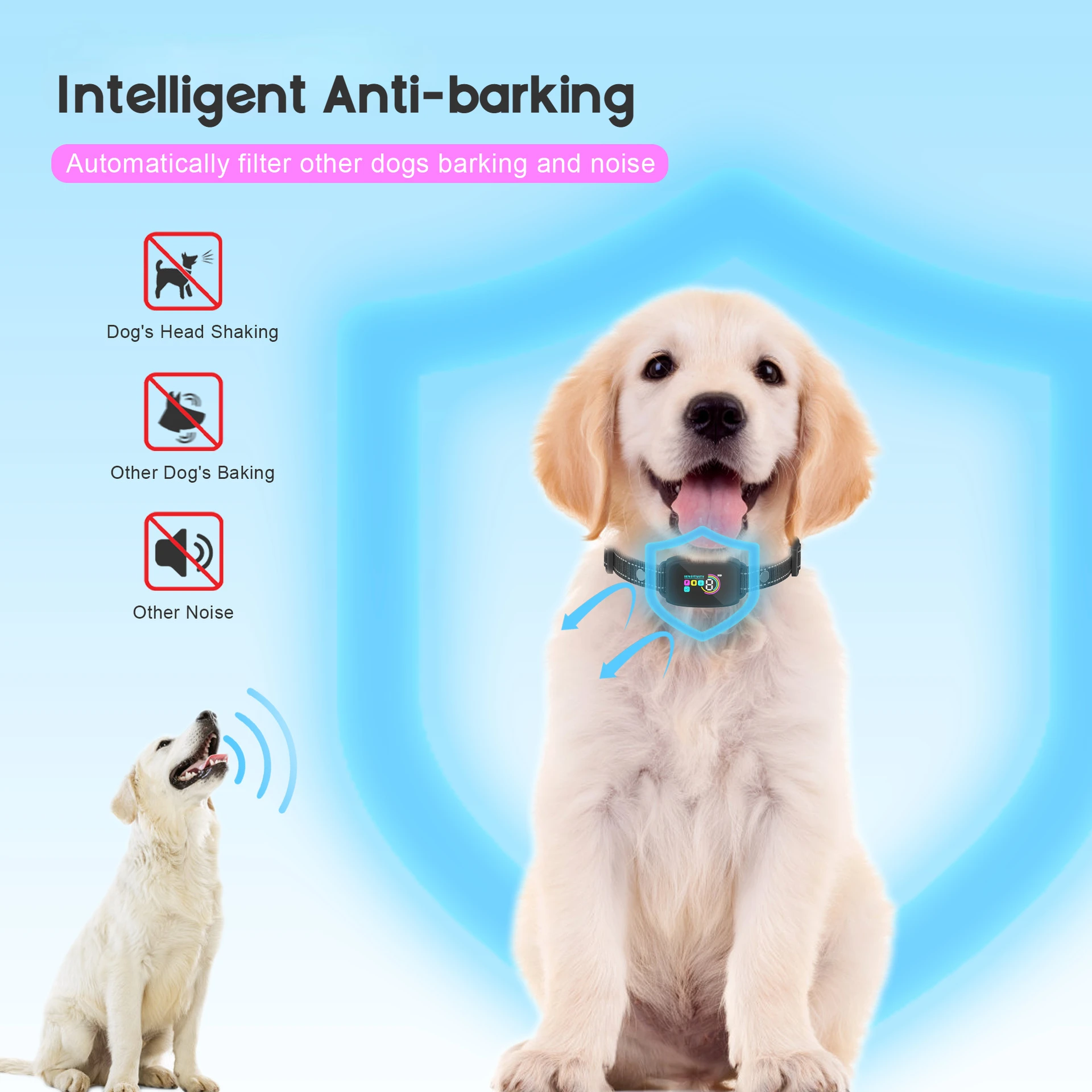 Rechargeable Smart Training Collar for Dogs, Anti Barking Collar, Adjustable Sensitivity, Beep Vibration Shock, Large Medium Dog