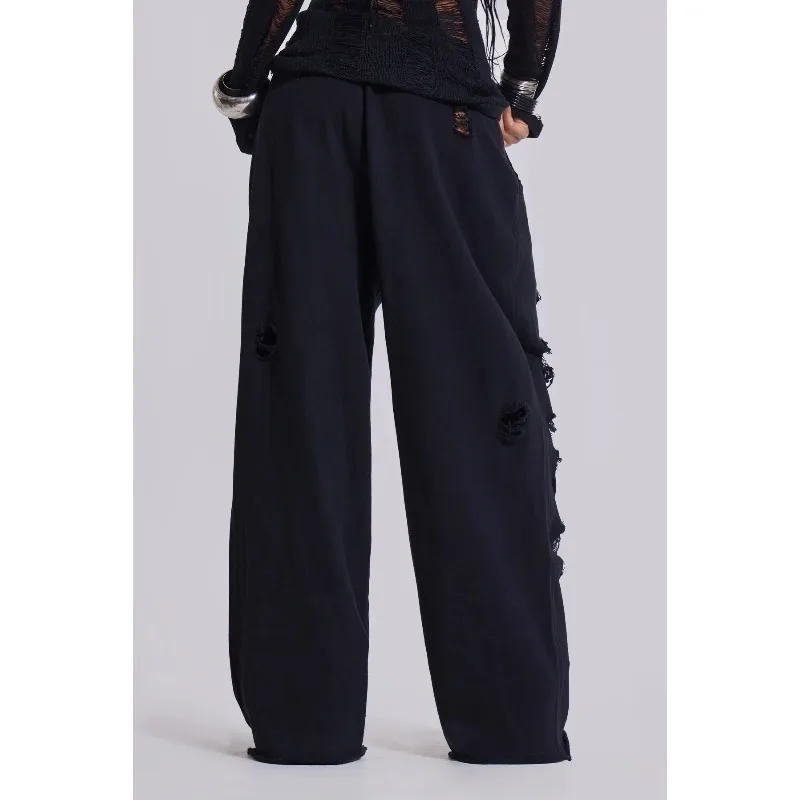 ZEMOREXMZ Vrouwen Baggy Joggingbroek Casual Y2K Hip Hop Grunge Wijde Pijpen Gat Losse Gescheurde broek Oversized Streetwear Broek