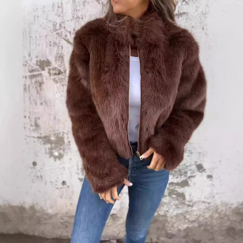 Otoño Invierno moda cálida chaqueta de piel sintética abrigo Vintage mujer cuello alto prendas de vestir de manga larga Chic Casual cremallera ropa de calle