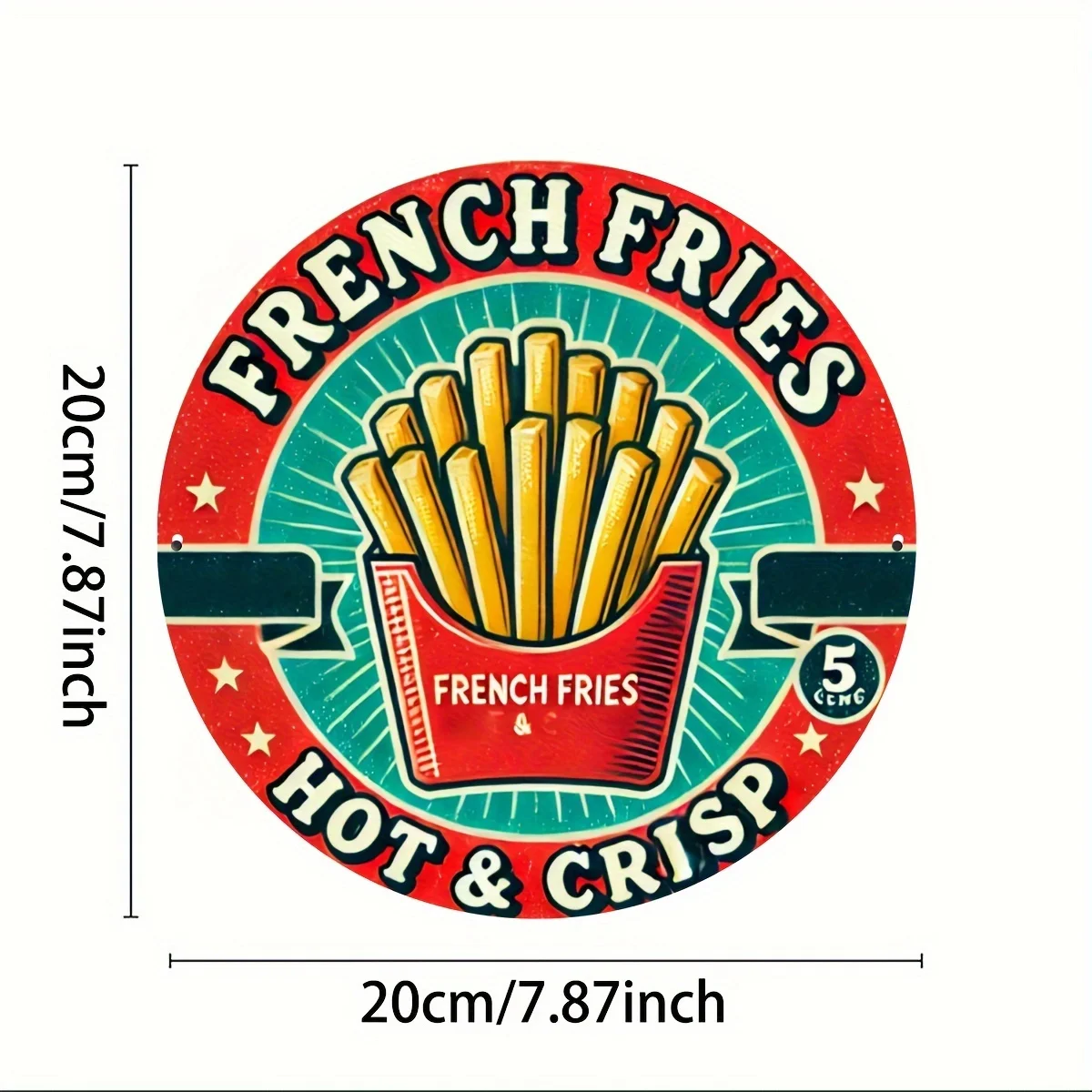 1pc Hot Crisp French Fries Retro Fast Food Round Metal Sign 8x8Inch 2D Flat Diner Cafe Wall Decor Gift