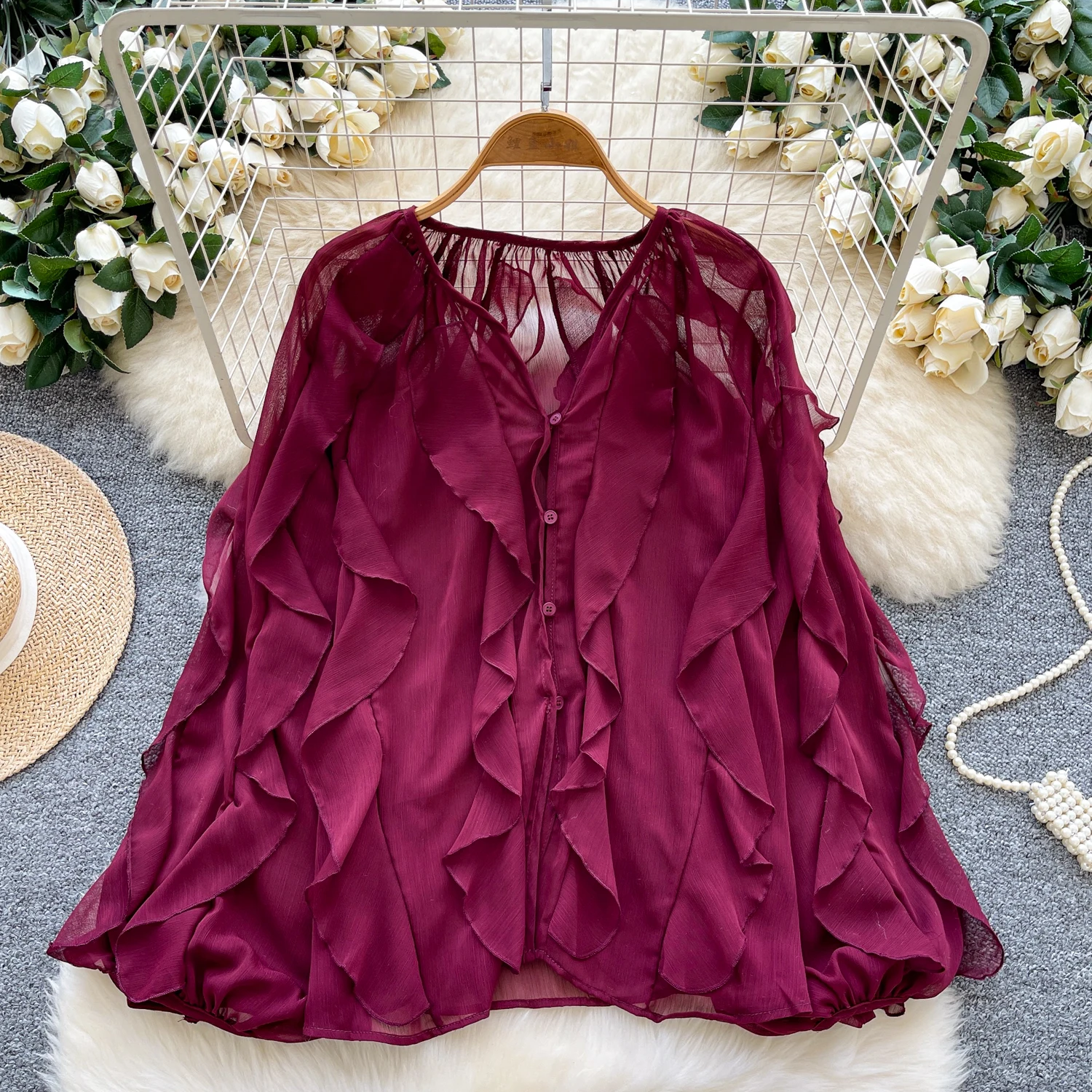 

Vintage Elegant chic long sleeve lantern sleeve ruffle Blouse Fashion Shirt Casual Fairy Women Shirt