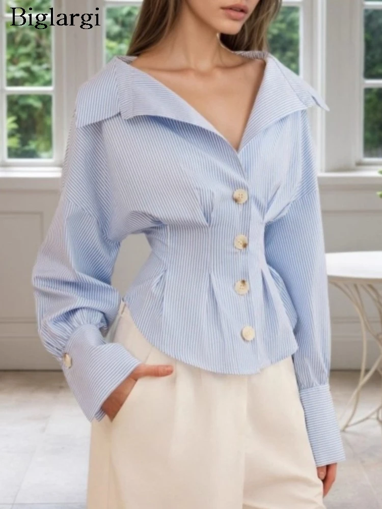 

Осенние рубашки, женские полосатые модные тонкие женские блузки с высокой талией, нерегулярные плиссированные женские рубашки в корейском стиле с пышными рукавами