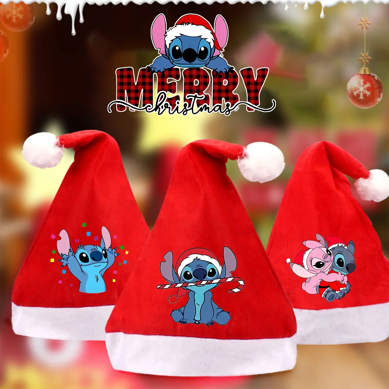 Stitch Disney Christmas Hat Cute Cartoon Angel Stitch Festival Cap Children Adult Decoration Party Supplies Beanie Soft Cos Hats