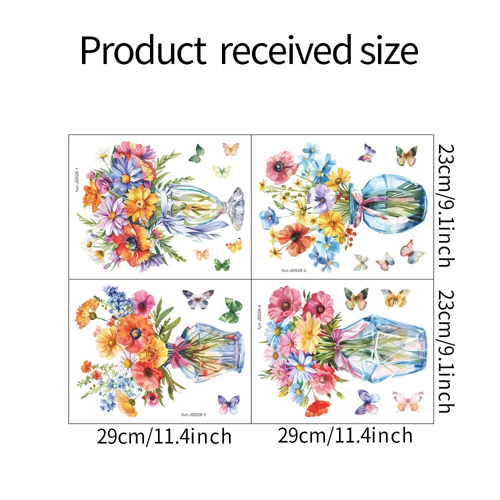 4PCS Watercolor Flower Vase Couplet Painting Glass Window Home Beautify Decoration Electrostatic Uv Window Sticker
