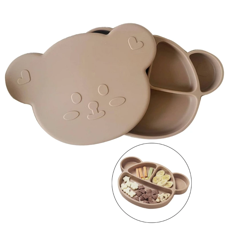 Baby Feeding Plate Suction Cup Dinning Tray with Lid Lovely Cartoon Bear Designed Toddlers Cutlery Children's Tableware