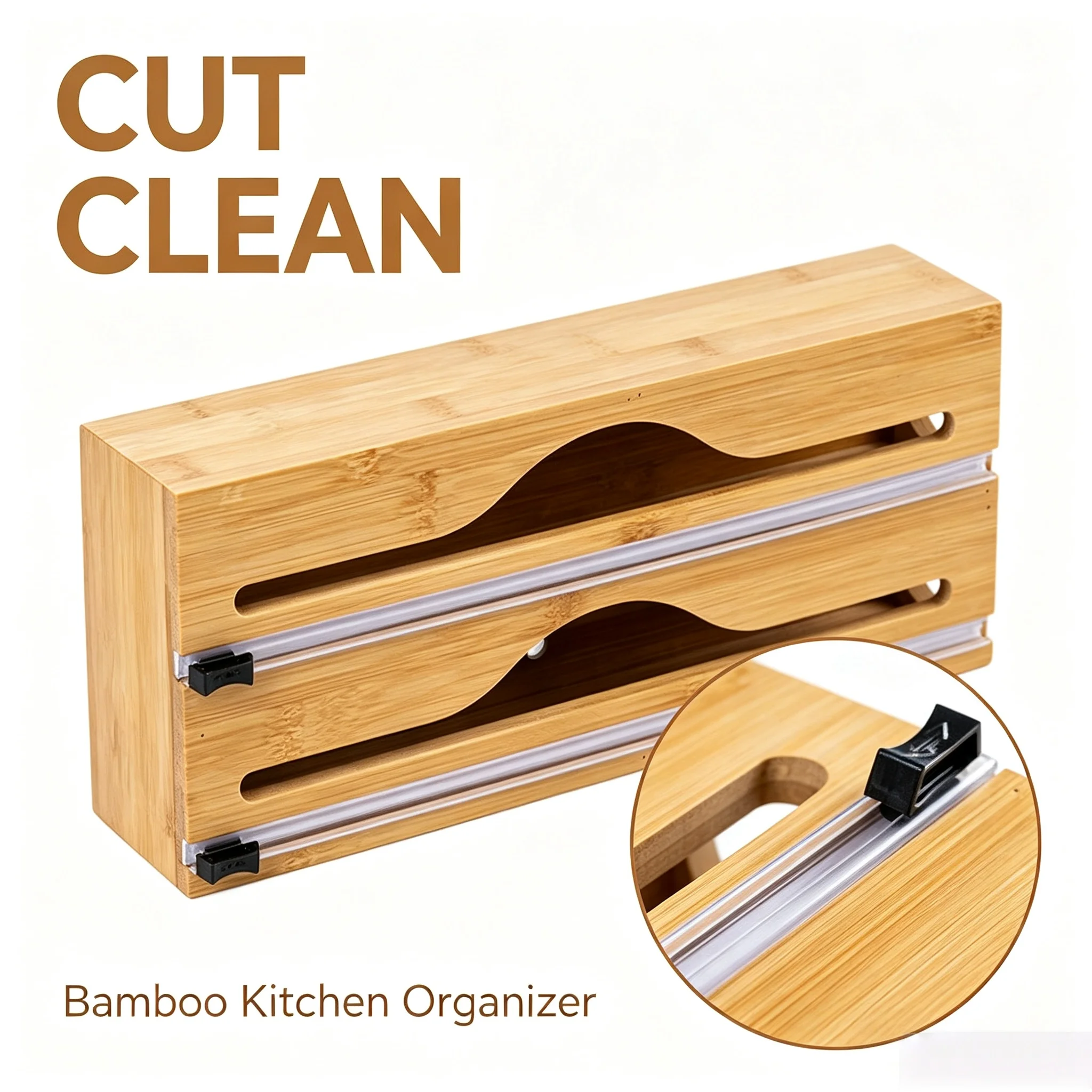 Kitchen Wrap Dispenser Bamboo Wall Mounted Foil & Cling Film Cutter for Kitchen Organization Storage