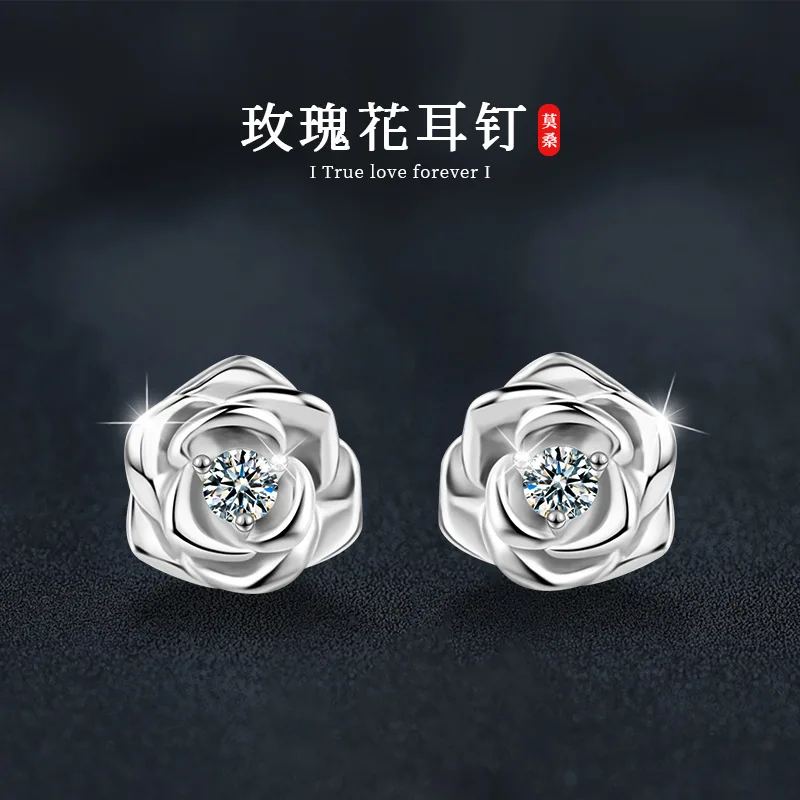 

Moissanite rose flower earrings s925 sterling silver niche style light luxury high-end earrings for women