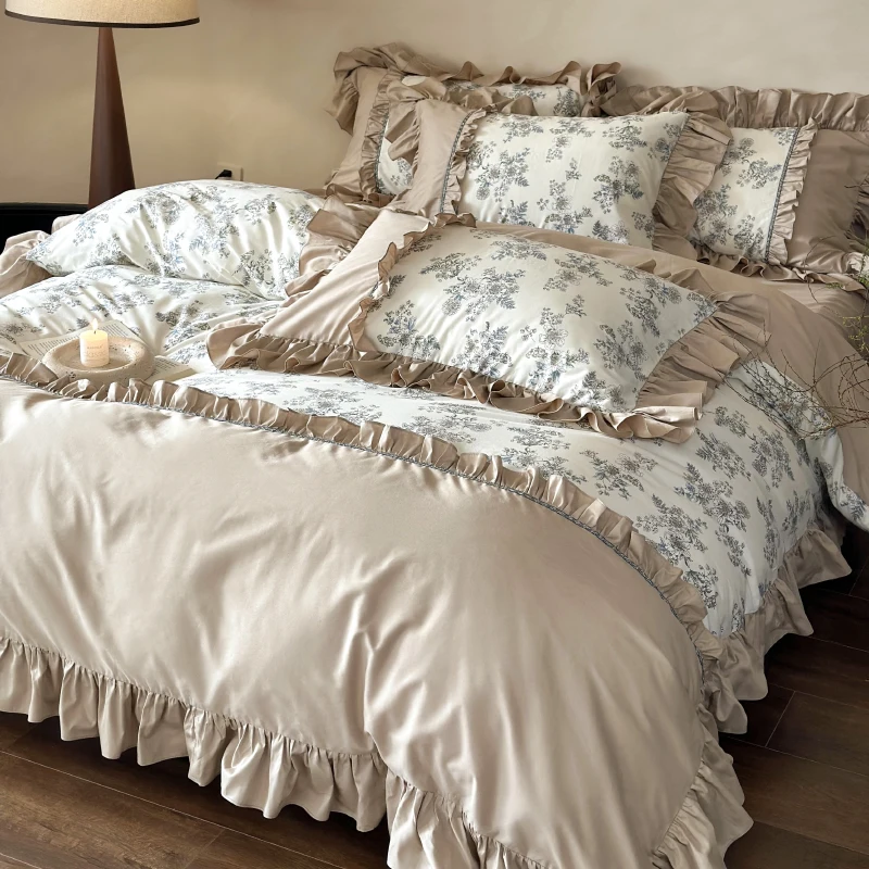 French Cotton Four-piece Set Retro Style Flower Print Lotus Leaf Lace Quilt Cover Bed Sheet Bedding Set