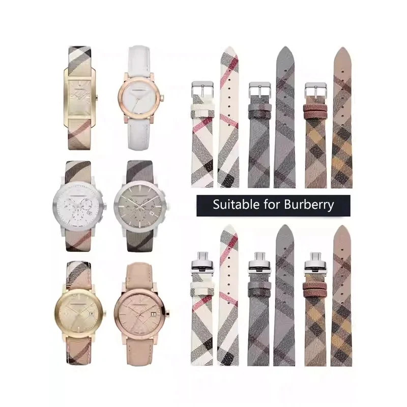 Plaid Pattern Genuine Leather Strap  Black Brown Bracelet For BURBERRY Women Watch strap 14mm 16mm 18mm 20mm 22mm