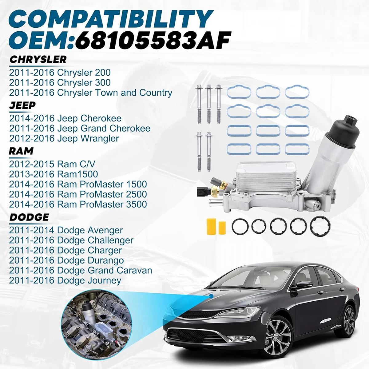 68105583AF Engine Oil Cooler For Dodge Charger Challenger Journey For Jeep Wrangler Ram 1500 2500 3500 Chrysler 200 300 3.6L V6 - Image 2