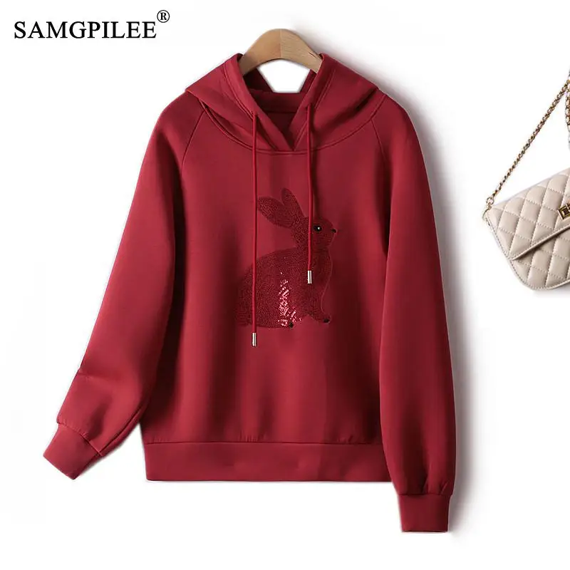 

Light Luxury Sequin Embroidered Hoodies Women 2022 Spring Autumn Loose High Quality Hooded Air Cotton Animal Female Clothing 4XL