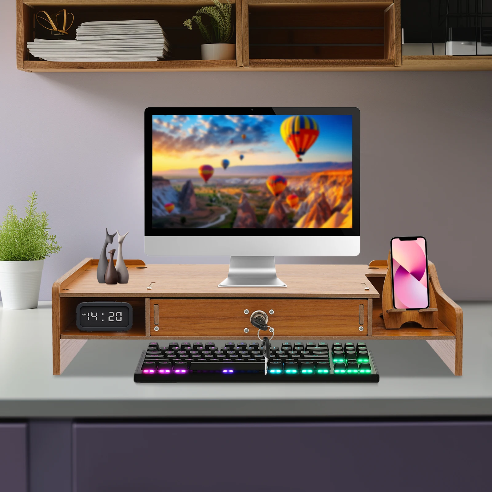 Computermonitorstandaard Computerrek met telefoonhouder Tafelblad Monitorstandaard Desktop Organizer Hout voor huizen, kantoren