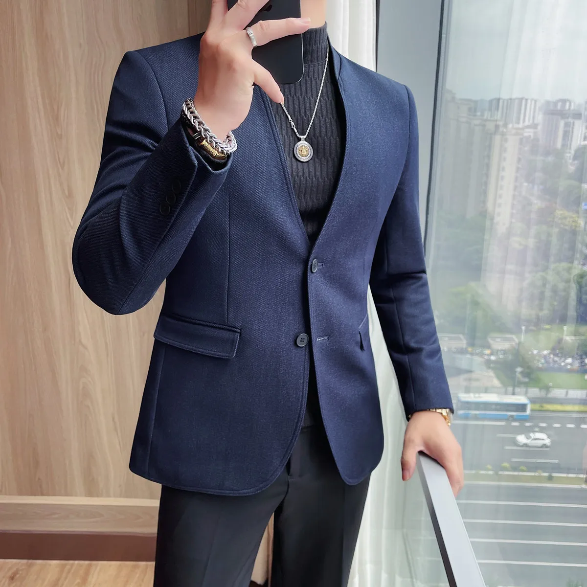 

Мужские пиджаки высокого качества, простые пиджаки с v-образным вырезом и двумя пуговицами, мужская куртка Slim Fit с длинным рукавом, деловой костюм, пальто, мужские синие