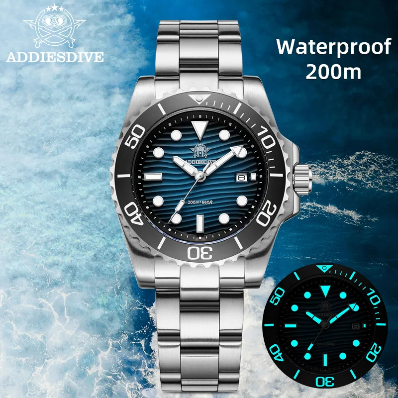 

ADDIESDIVE Men's Watches 41mm Sand Dial Luxury Quartz Wristwatch AR Coated Glass 200m Waterproof Diving Watches Luminous Steel