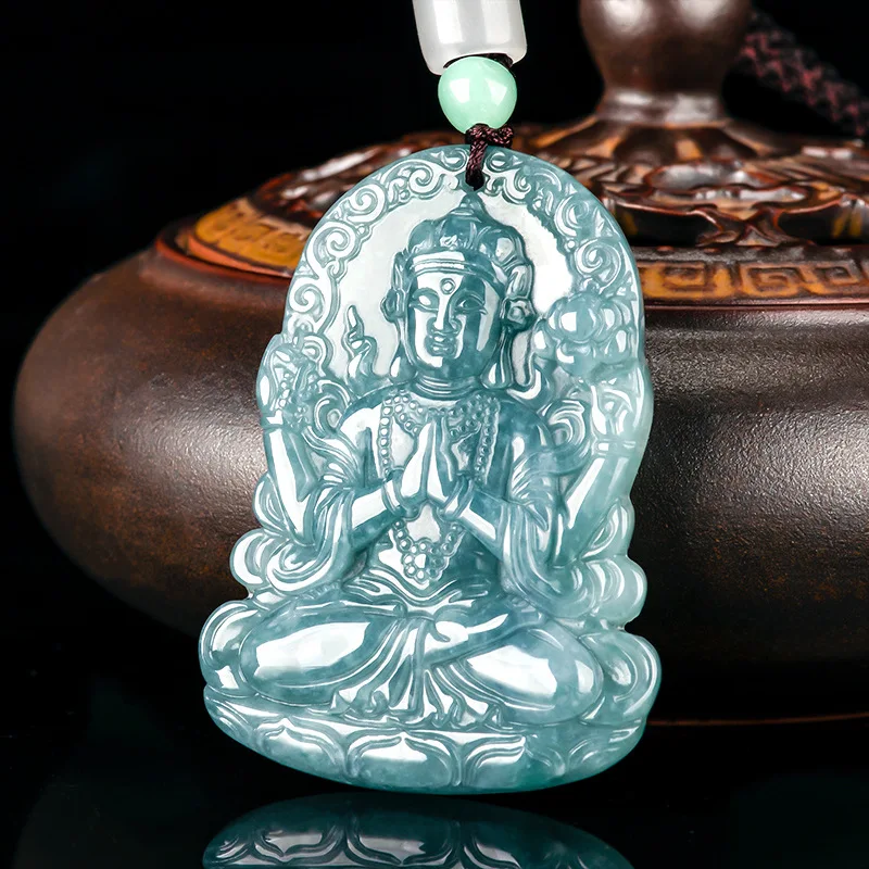 

Natural Type A Blue Water Jadeite Four-Armed Guanyin Icy Pendant Spiritual Unisex Jade Jewelry