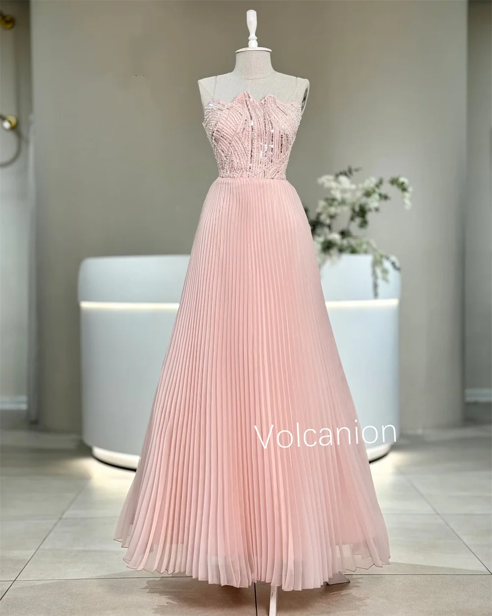 Customized Organza Sequined Pleat A-line Sheer Straps Midi Dresses Bespoke Occasion Exquisite High Quality