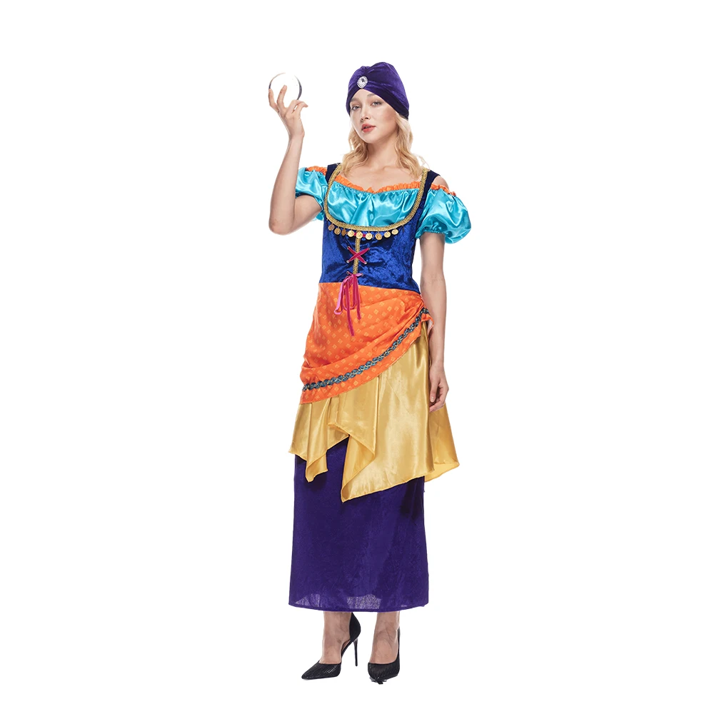 EraSpooky Women\'s Star Tarot Fortune Teller Costume Mystical Adult Halloween Gypsy Dress with Hat