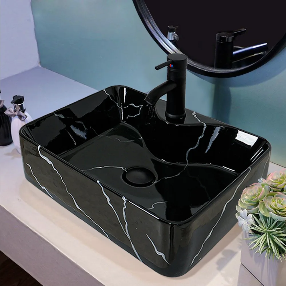

Bathroom Ceramic Vessel Sink Vanity Basin Bowl Black Faucet Drain Combo