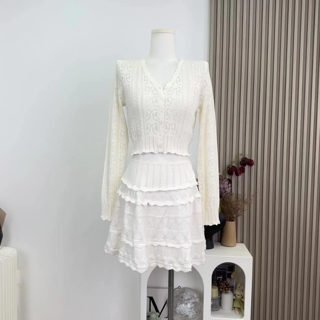 

Autumn Winrter Women Old Money Shoujo Mori Evening Birthday Hollow Out Outfits 2 Piece Set Long Sleeve Cardigan Top + Mini Skirt