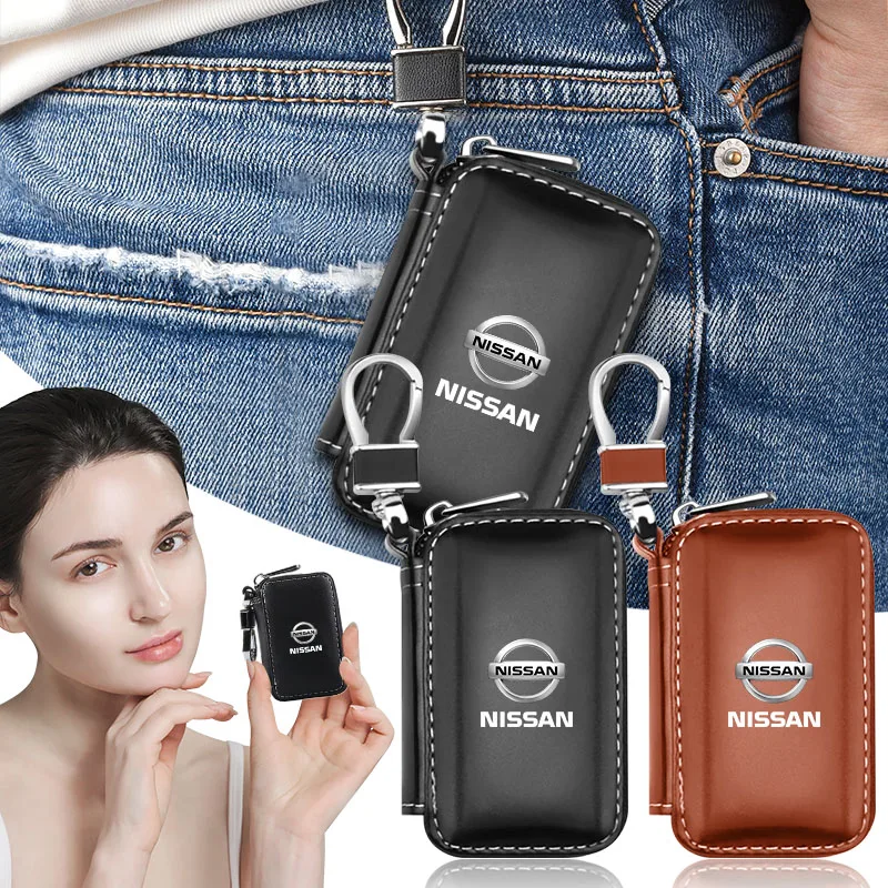1Pcs Leather Emblem Car Key Case Keychain Zipper Key Case Bag For Nissan Nismo GTR Tiida Sylphy Teana X Trail Wheel Center Caps