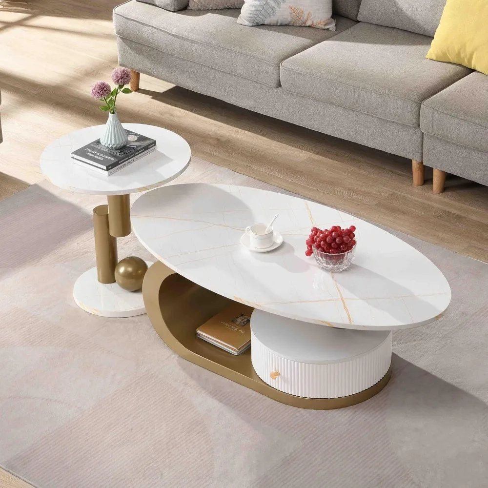 Oval Nesting Coffee Table Set of 2 Faux Marble Golden Round End Table Modern Living Room Table Large 47Inch Coffee